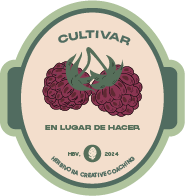 Ilustración estilo etiqueta de fruta con texto: "Cultivar. En lugar de hacer" e ilustración de un arandanos.