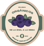 Ilustración estilo etiqueta de fruta con texto: "Orgánicos. De la idea, a la mesa" e ilustración de un arandanos.