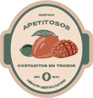 Ilustración estilo etiqueta de fruta con texto: "Apetitosos, cortaditos en trozos" e ilustración de un mango.